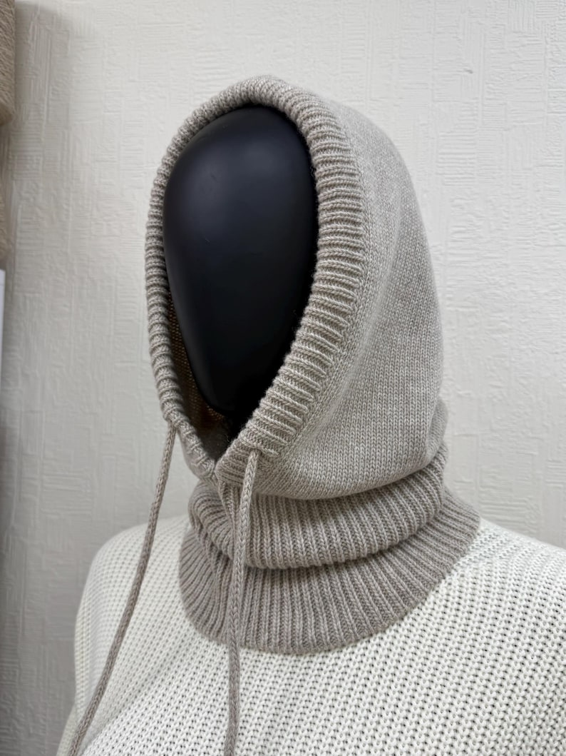 Capucha de lana merino tejida, gorro de lana cálido para mujer, capucha de invierno, calentador de cuello 24 Sand beige