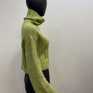 May include: A lime green turtleneck sweater with ribbed detailing. The sweater has long sleeves and a cropped fit. The mannequin is wearing a dark gray skirt. The sweater is made of a soft, knitted material.