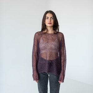 Purple mohair light sweater, Mesh sweater, Minimalistic thin knit boat neck sweater image 1