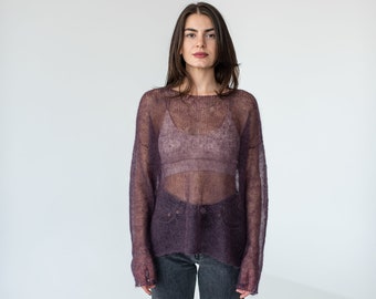 Purple mohair light sweater, Mesh sweater, Minimalistic thin knit boat neck sweater