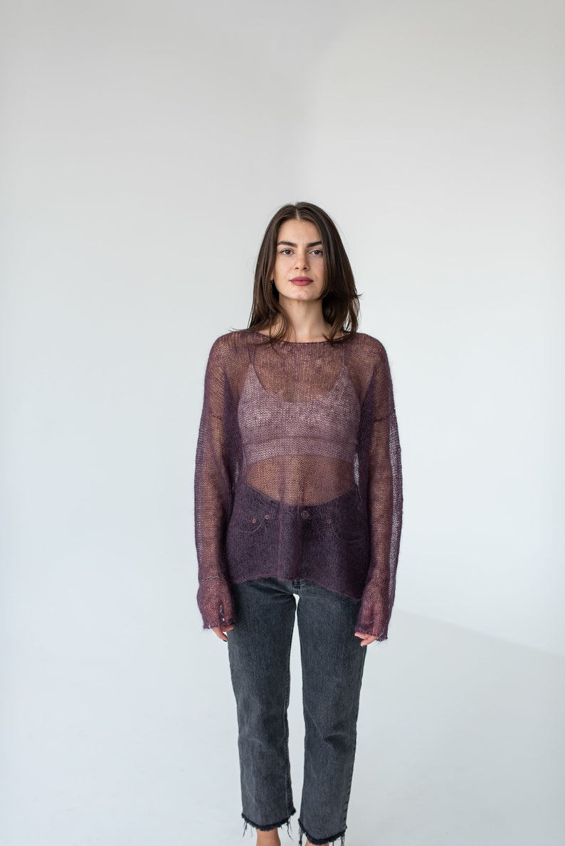 Purple mohair light sweater, Mesh sweater, Minimalistic thin knit boat neck sweater image 1