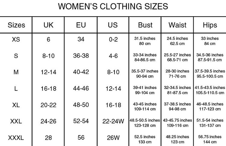 May include: A size chart for women's clothing, detailing sizes in UK, EU, and US measurements. Includes bust, waist, and hip measurements in inches and centimeters. Sizes range from XS to XXXL.