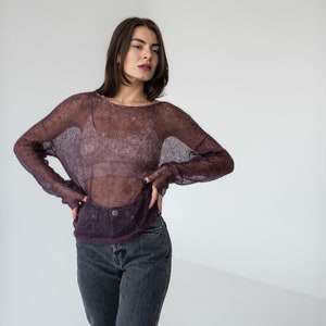 Purple mohair light sweater, Mesh sweater, Minimalistic thin knit boat neck sweater image 4