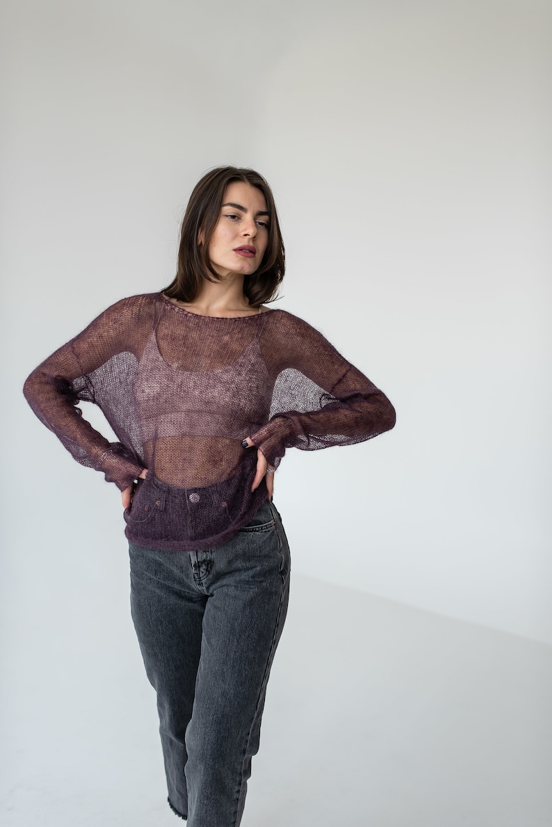 Purple mohair light sweater, Mesh sweater, Minimalistic thin knit boat neck sweater image 4