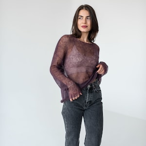 Purple mohair light sweater, Mesh sweater, Minimalistic thin knit boat neck sweater image 7