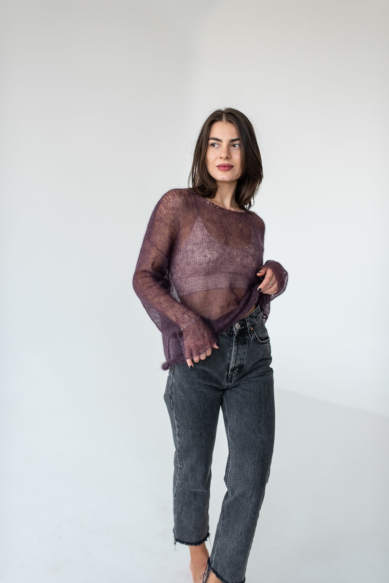 Purple mohair light sweater, Mesh sweater, Minimalistic thin knit boat neck sweater image 7