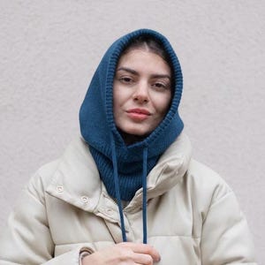 Blue petrol melange merino wool knitted hood - Warm women helmet neck warmer