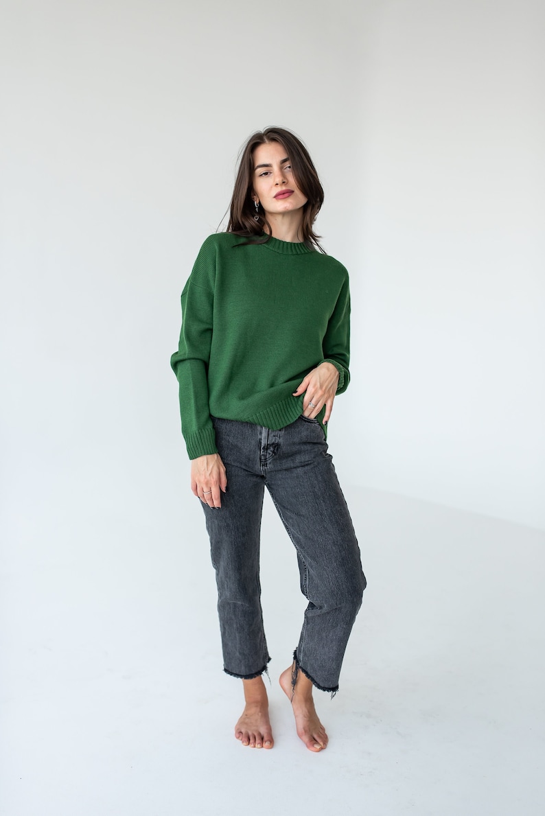 Green merino wool sweater for women, Stylish casual loose knit crew neck sweater image 1