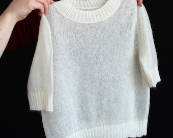 Light Mohair Knit T-shirt Top, White Knit Summer See Through