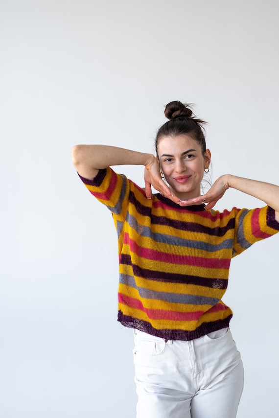 Striped Mohair Knit T-Shirt: Lightweight Colorful Sweater