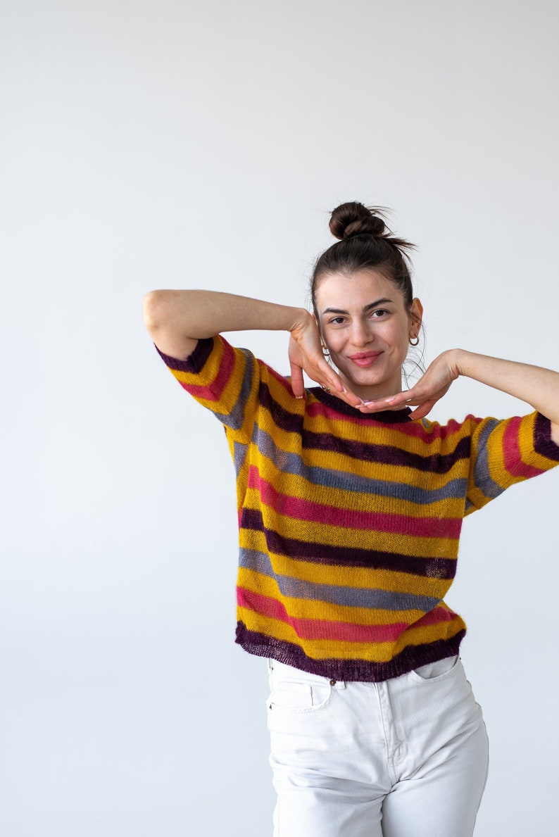Striped Mohair Knit T-Shirt: Lightweight Colorful Sweater image 1