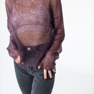 Purple mohair light sweater, Mesh sweater, Minimalistic thin knit boat neck sweater image 3