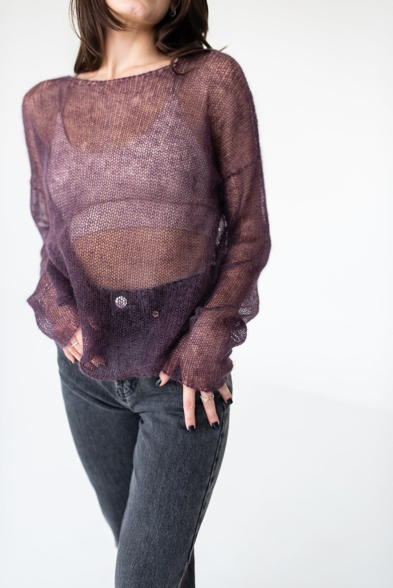 Purple mohair light sweater, Mesh sweater, Minimalistic thin knit boat neck sweater image 3