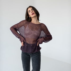 Purple mohair light sweater, Mesh sweater, Minimalistic thin knit boat neck sweater image 2