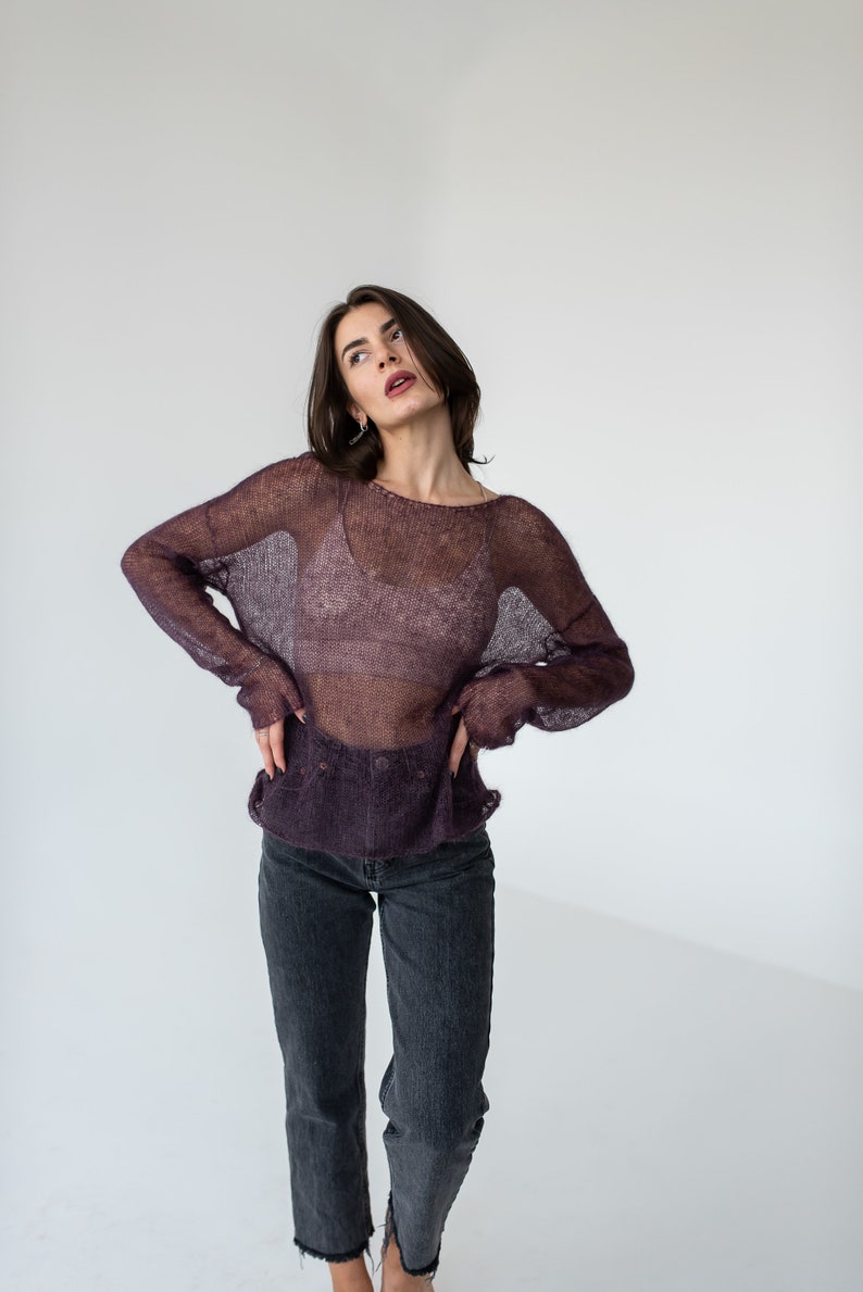 Purple mohair light sweater, Mesh sweater, Minimalistic thin knit boat neck sweater image 2