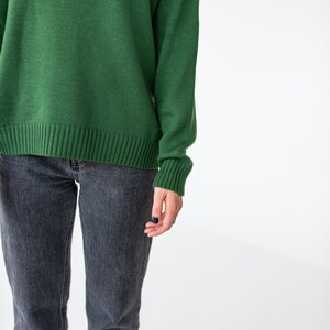 Green merino wool sweater for women, Stylish casual loose knit crew neck sweater image 5