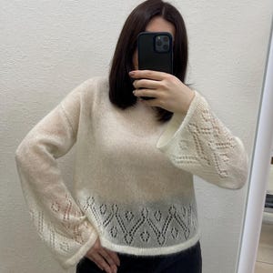 White mohair cropped bridal sweater, Minimalistic thin wide sleeves fuzzy sweater, See through aesthetic lace loose fit sweater for women