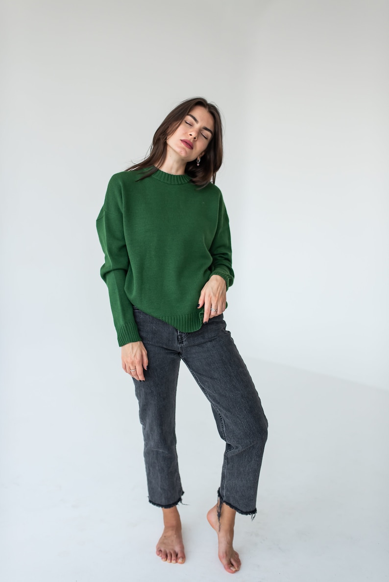 Green merino wool sweater for women, Stylish casual loose knit crew neck sweater image 3