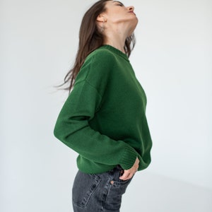 Green merino wool sweater for women, Stylish casual loose knit crew neck sweater image 4