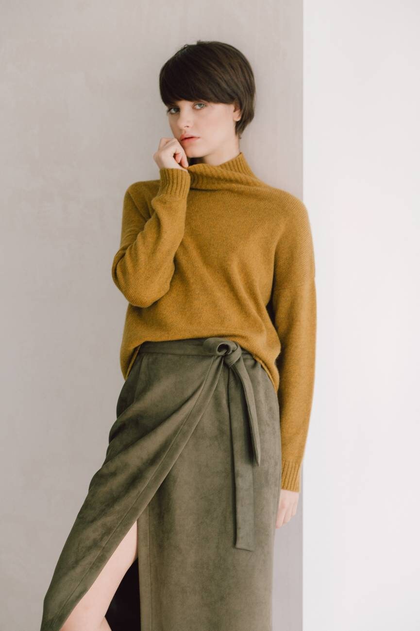 Mustard pure cashmere sweater for women Minimalist khaki Etsy