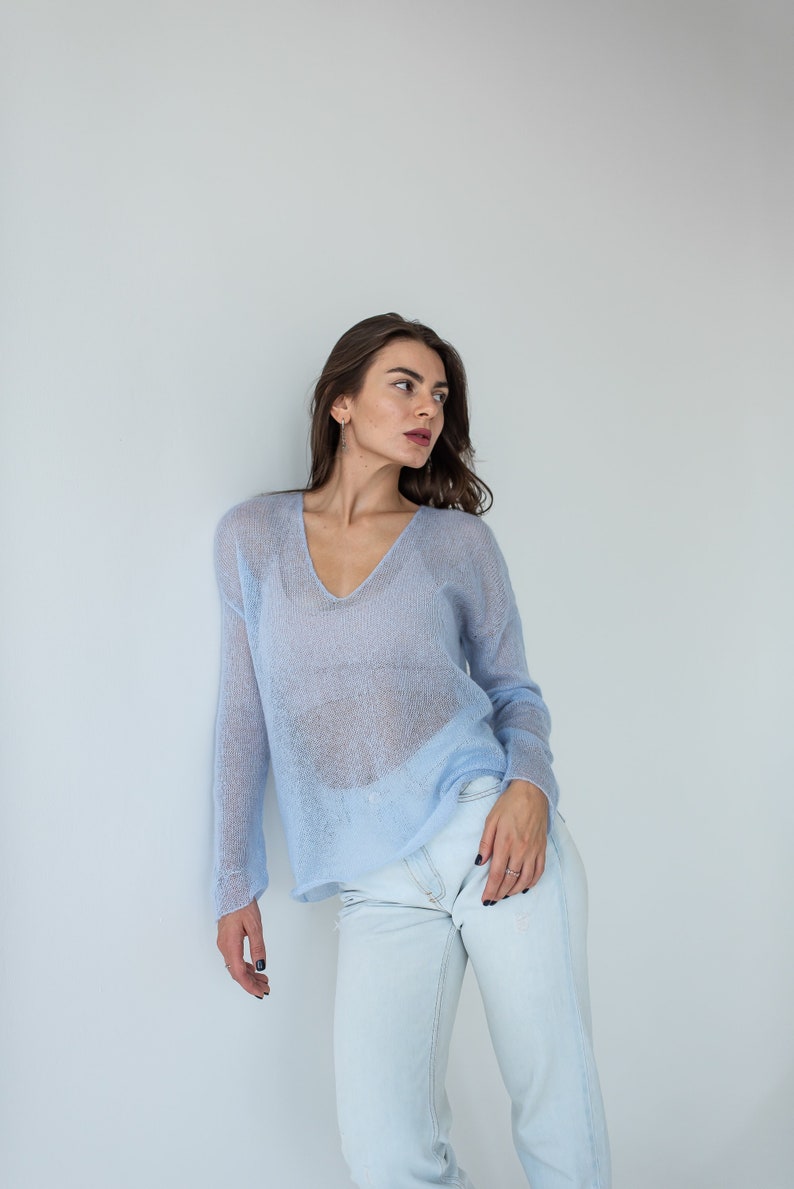 Light Blue Mohair Sexy Sweater Minimalistic Thin Vneck Fuzzy Etsy