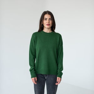 Green merino wool sweater for women, Stylish casual loose knit crew neck sweater image 2