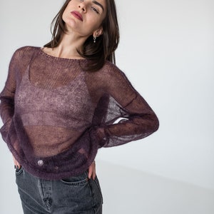 Purple mohair light sweater, Mesh sweater, Minimalistic thin knit boat neck sweater image 5