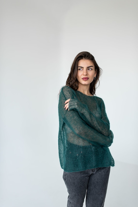 Green Mohair Light Sweater, Mesh Sweater, Minimalistic Thin Knit