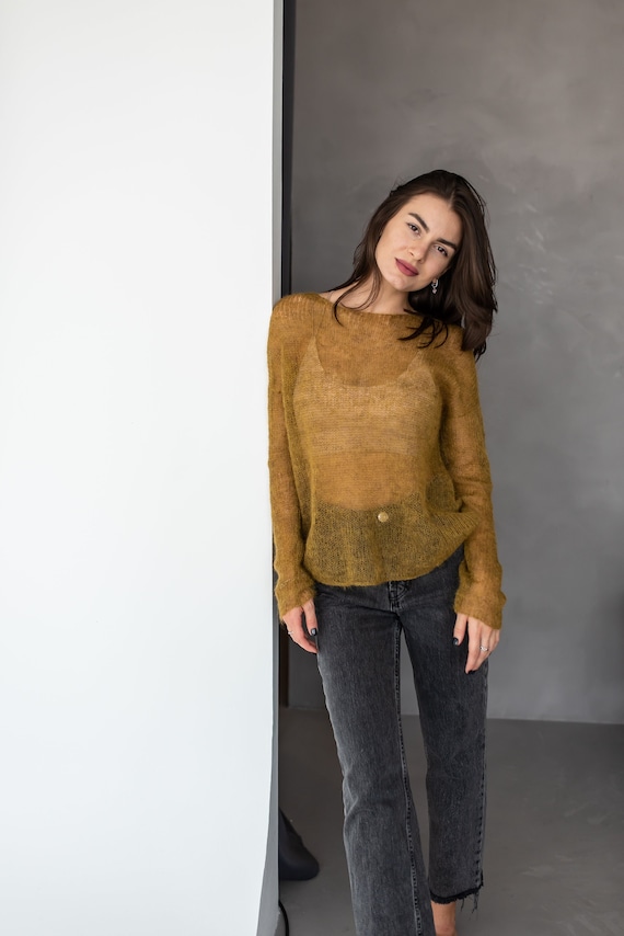 Olive Green Mohair Light Sweater, Mustard Mesh Sweater for Women