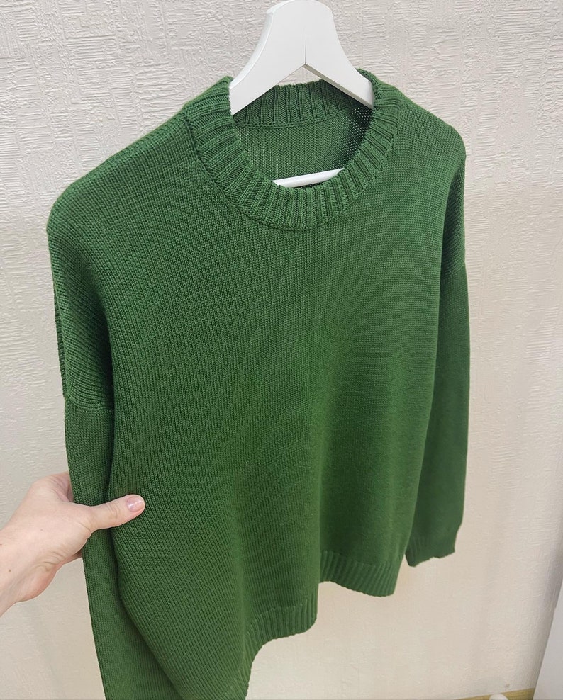 Green merino wool sweater for women, Stylish casual loose knit crew neck sweater image 6