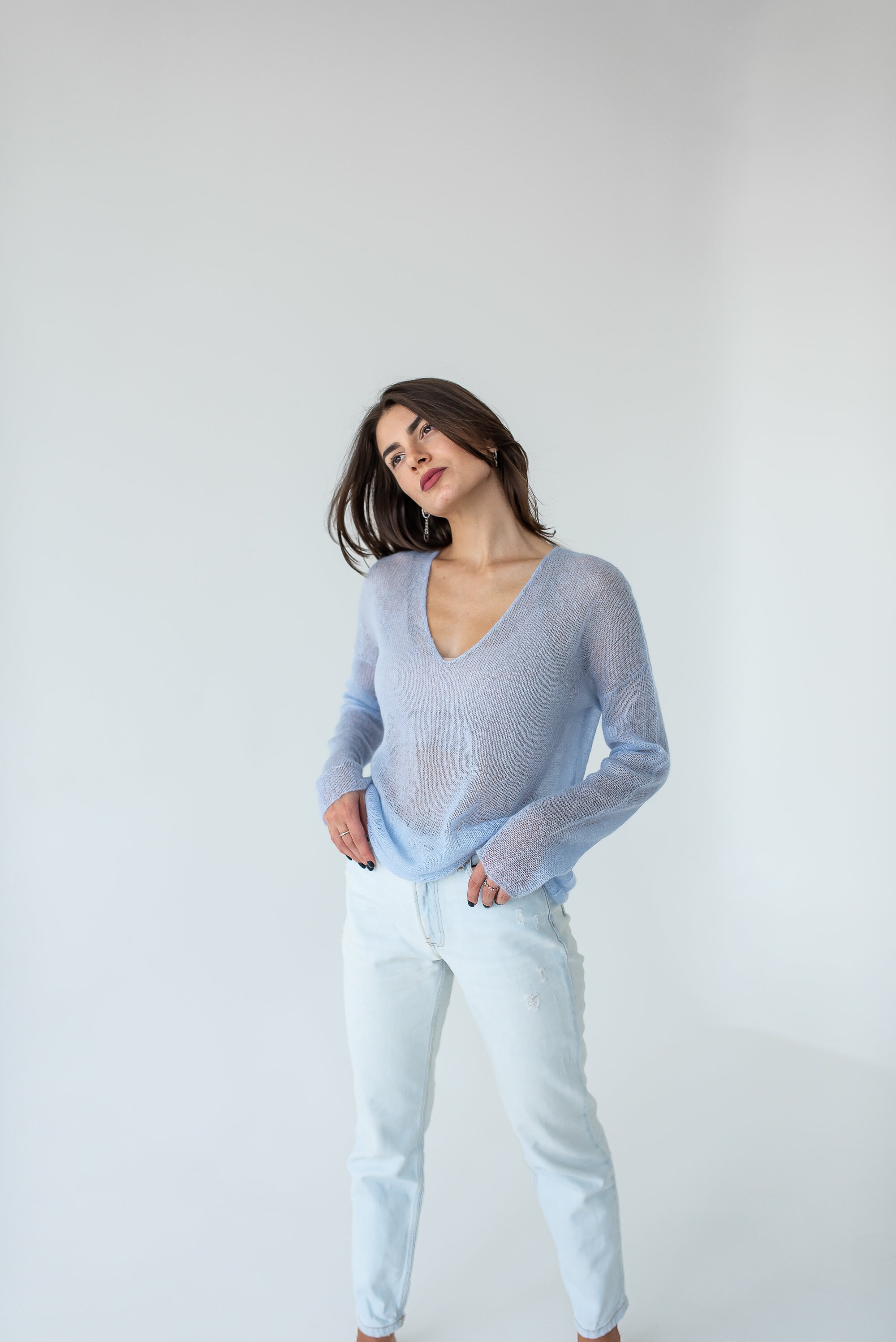 Light Blue Mohair Sexy Sweater Minimalistic Thin Vneck Fuzzy Etsy