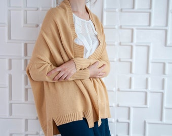 Open front cocoon cardigan for women, Merino wool bomber cardigan, beige jacket wrap