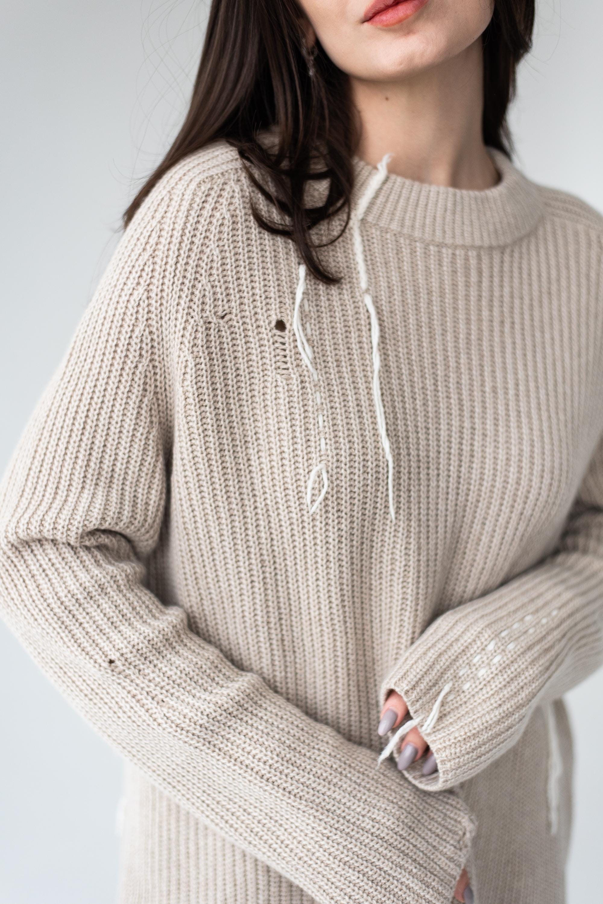 Oversized Beige Wool Sweater: Distressed Knit Jumper With Frayed