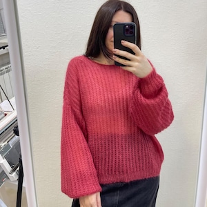 Dusty red chunky knit mohair sweater, Oversized fisherman women loose knit sweater