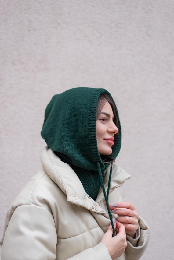 Dark Green Merino Wool Knit Hood: Women's Winter Cowl Neck Warmer
