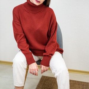 Suéter de gran tamaño de lana merino, cuello alto de lana cálido de terracota, suéter cálido minimalista para mujeres imagen 5
