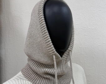 Sand beige merino wool knitted hood - Warm women hood helmet neck warmer