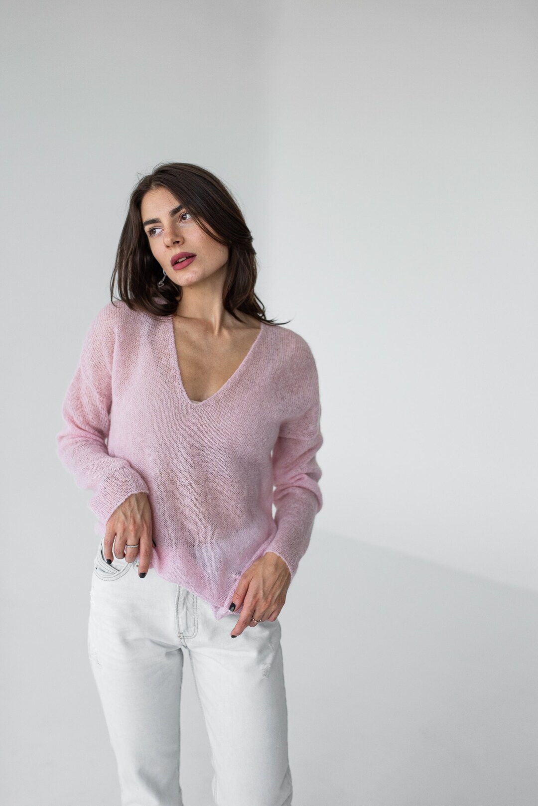 Light Pink Mohair Sexy Sweater Minimalistic Thin Vneck Fuzzy Etsy