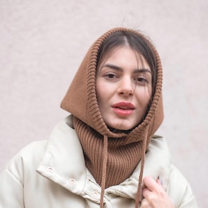 Dark Camel Merino Wool Knit Hood: Women&#39;s Balaclava Neck Warmer