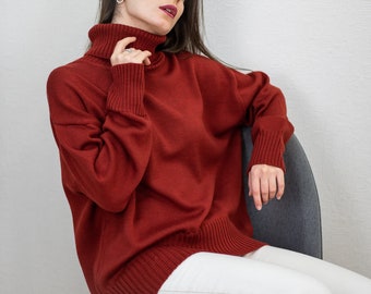 Merino Wool Oversized Turtleneck Sweater - Terracotta Warm Woolen Knit