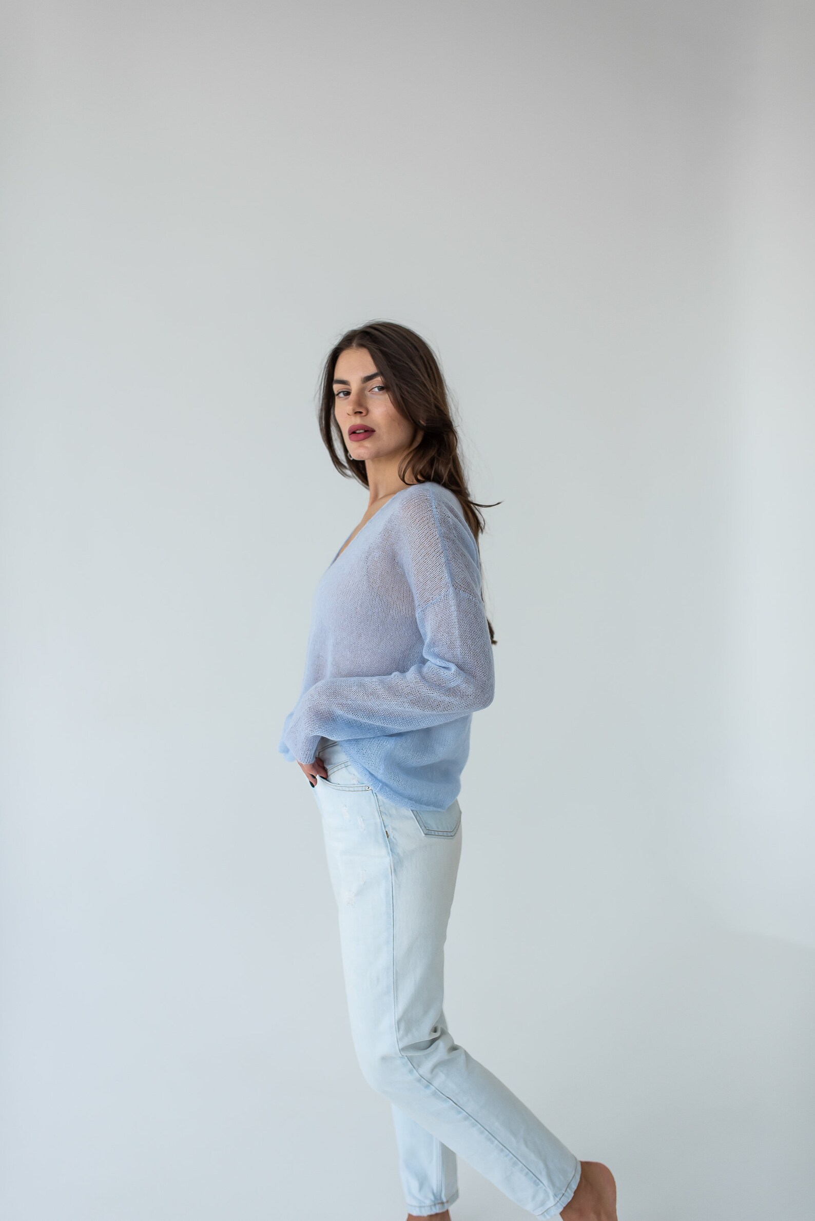 Light Blue Mohair Sexy Sweater Minimalistic Thin Vneck Fuzzy Etsy