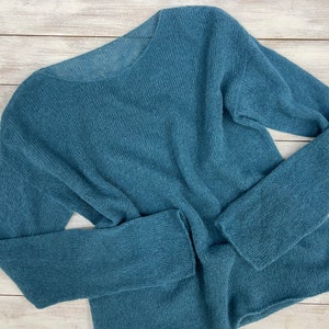 Aquamarine sheer mohair sweater, Minimalistic Turquoise thin sheer knit crue neck fuzzy sweater, See through top pullover