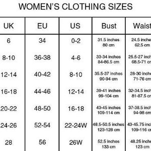 May include: A chart showing women's clothing sizes in US, UK, EU, and international measurements. The chart includes bust, waist, and hip measurements in both inches and centimeters.