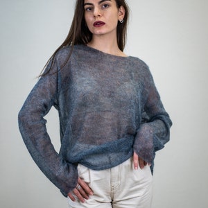 Blue mohair sexy sweater, Minimalistic thin knit boat neck fuzzy sweater