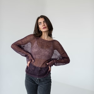 Purple mohair light sweater, Mesh sweater, Minimalistic thin knit boat neck sweater image 6