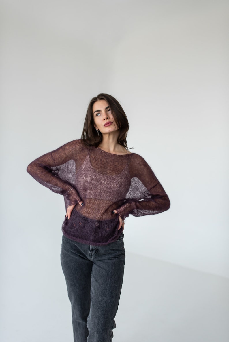 Purple mohair light sweater, Mesh sweater, Minimalistic thin knit boat neck sweater image 6