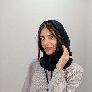 Merino wool knitted hood, Warm women wool hood helmet, Winter cowl hood, Neck Warmer