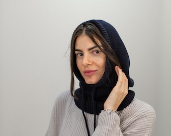 Merino wool knitted hood, Warm women wool hood helmet, Winter cowl hood, Neck Warmer