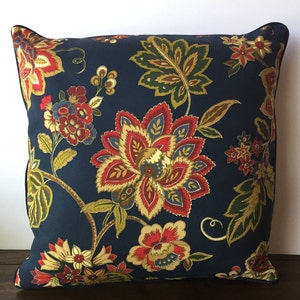 Blue Floral Pillow cover Orange and Red flowers,  Cotton 18x18