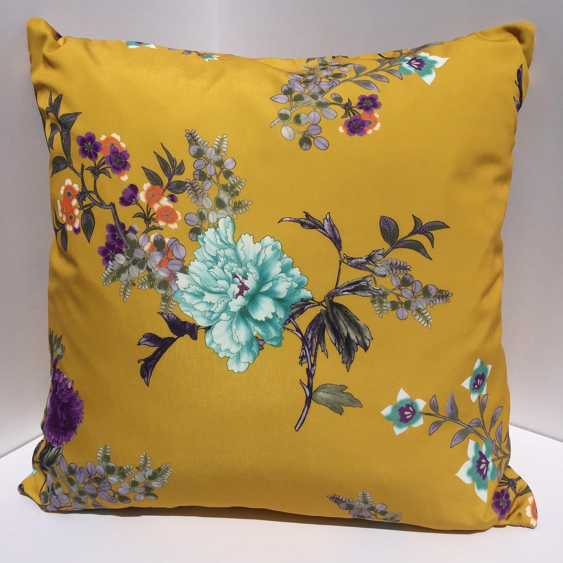 Mustard Yellow With Large Blue Floral Print Decorative Pillow Etsy